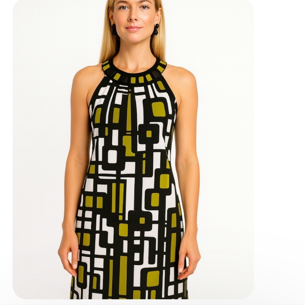 Laura Petite | Geometric Print Halter Neckline Midi Dress - Picture 2 of 11